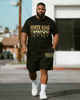 Big & Tall Men's Golden Graffiti White King Alphabet Print Round Neck Short Sleeve T-Shirt Shorts Suit